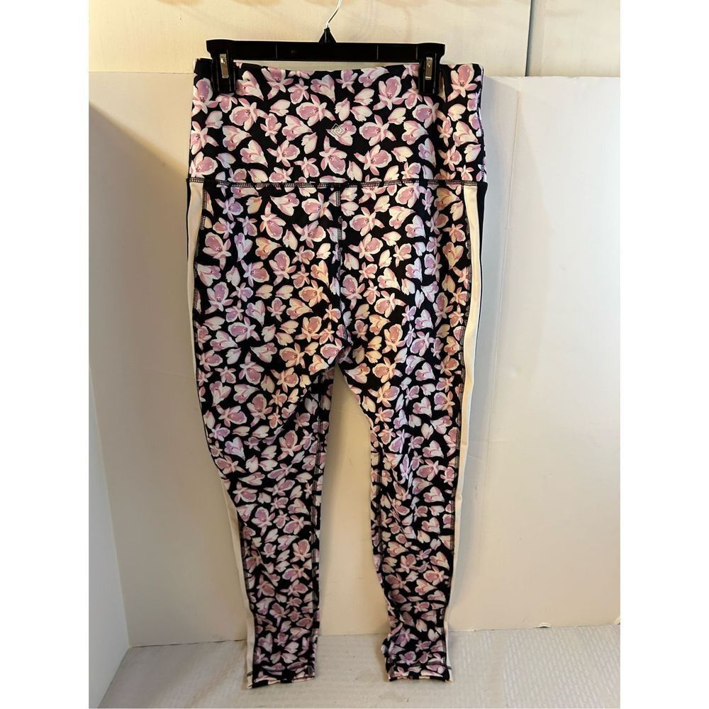Zelo active‎ compression leggings large black pink flowers rn#31104